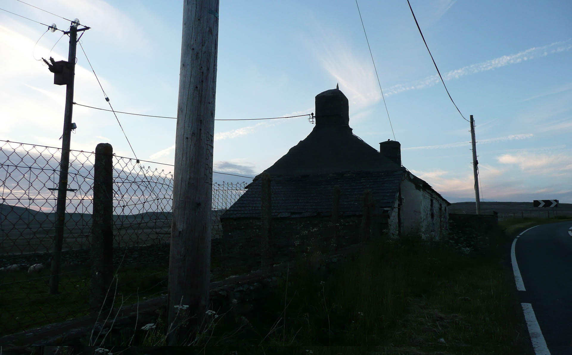 The 'Killer Pole' at Hiraeth Cottage with the moor behind where poor CU2 was electrocuted